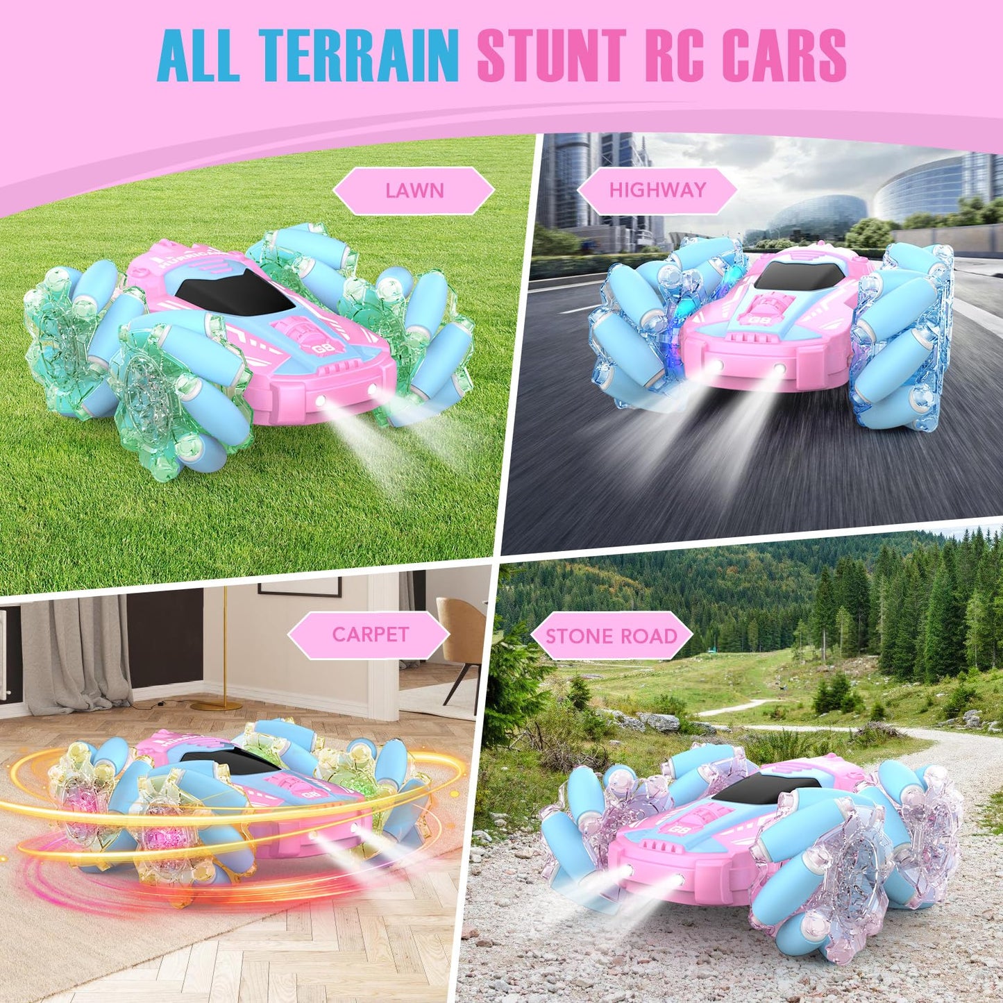 NQD Remote Control Car for Girls, RC Car 2.4 GHz Double Sided 360 Rotating Rc Stunt Car with Cool Lights Music Rechargeable All