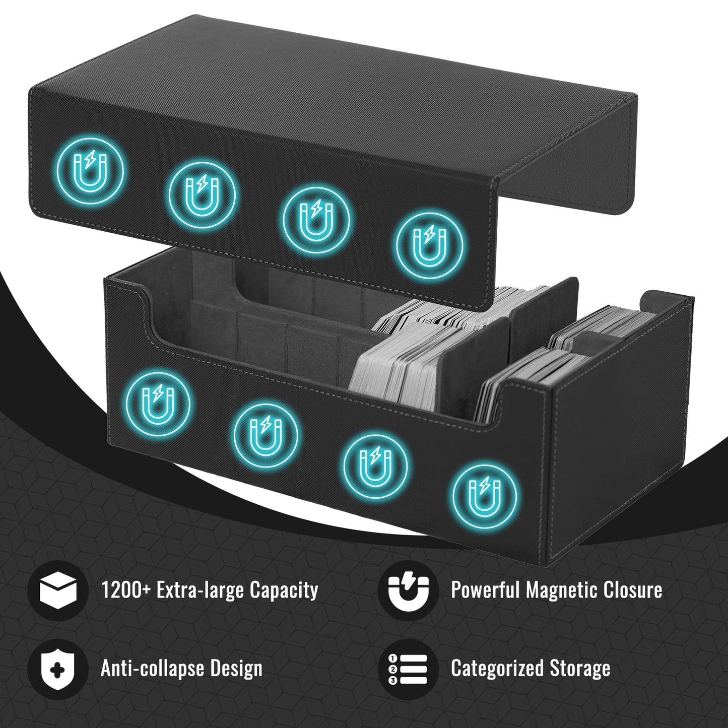 NUMINA MTG Deck Box - Magnetic Trading Card Storage for 1200+ Sleeveless Cards  2-Row Velvet Lining Case with Dividers & Card Supporters - Fits MTG  TCG  Sports Cards