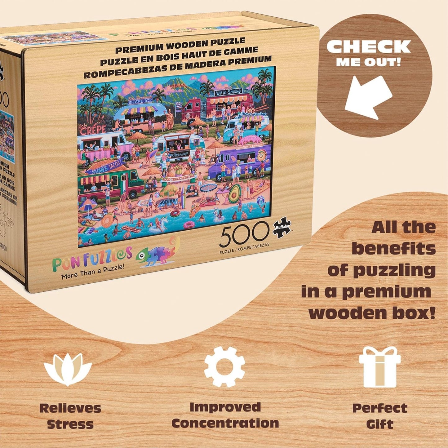 Buffalo Games - Hawaiian Food Truck Festival Wood Puzzle - Whimsy Cut Jigsaw Pieces - 500 Piece Jigsaw Puzzle - Ages 14 And Up