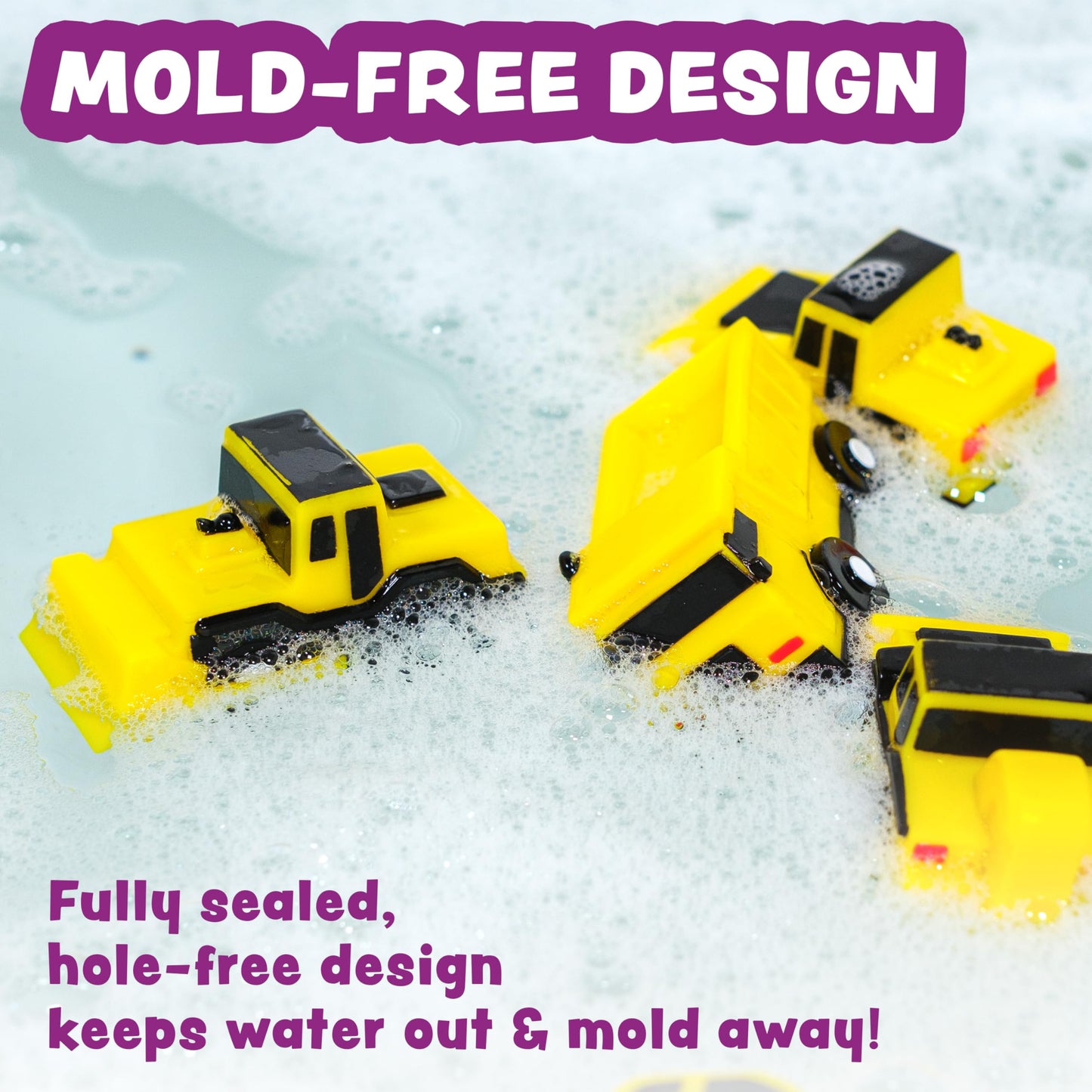 Tub Works® Construction™ Trucks Bath Toys, 6 Pack - Mold Free, Soft & Squeezable, Float on Water - Ideal for Babies & Toddlers, Yellow