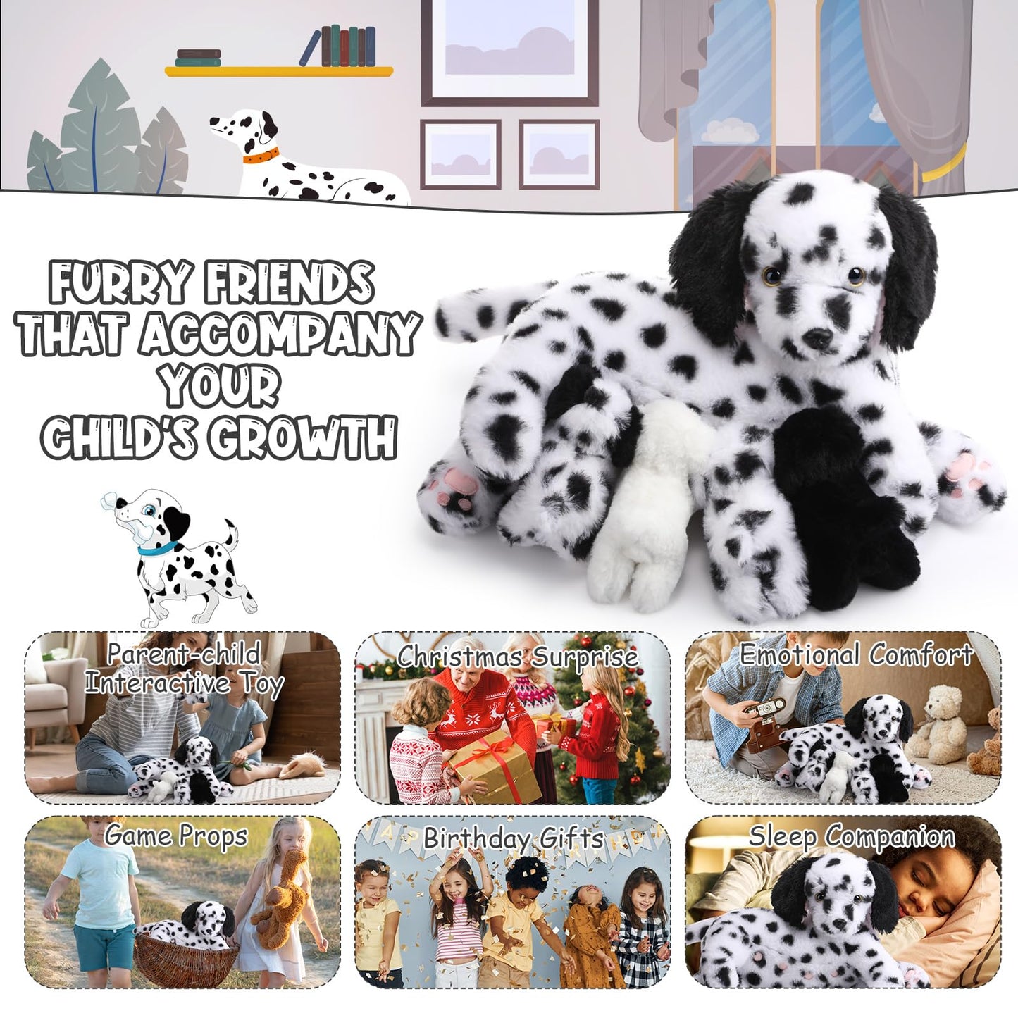 HyDren 5 Pcs Dalmatian Nurturing Dog Stuffed Animal Sets 15 Inch Soft Cuddly Dalmatian Plush Toys Nursing Mommy Dog with 4 Puppy