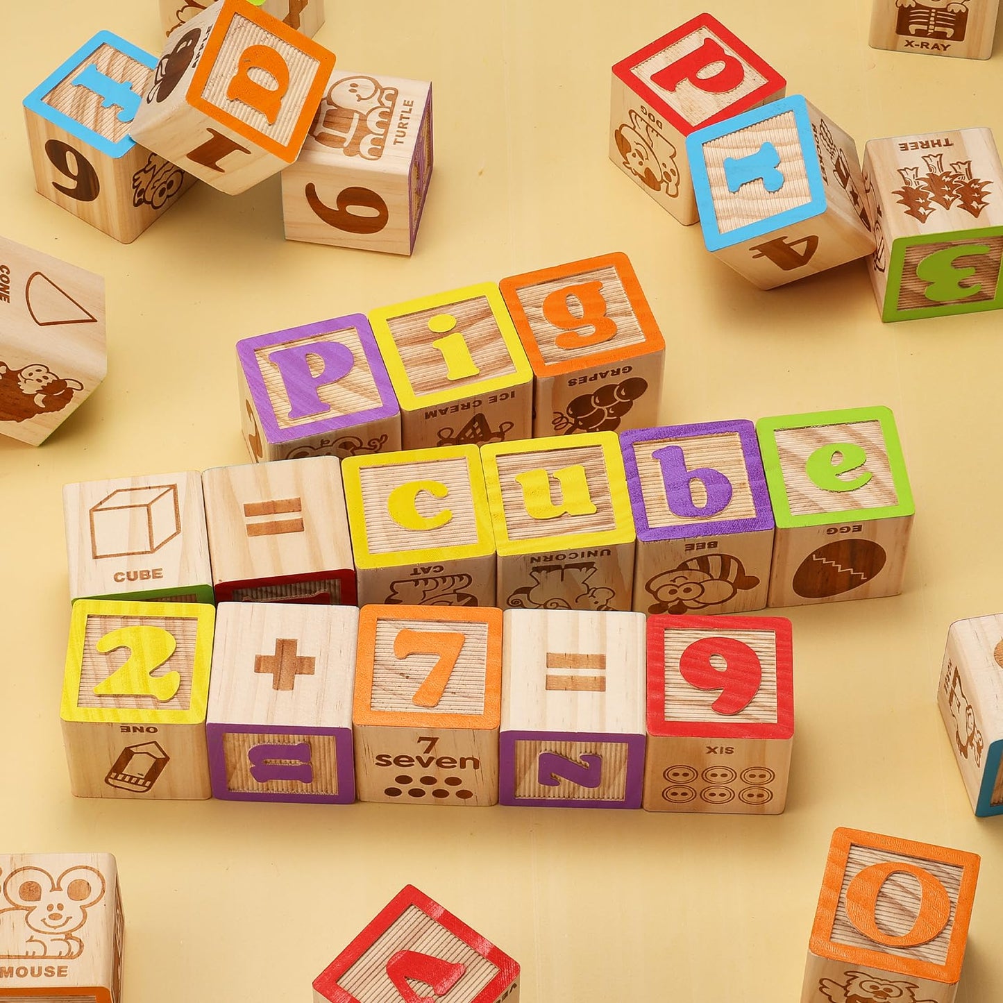 SainSmart Jr. Wooden Alphabet Blocks 1.73 Inch  30Pcs Building Blocks Including Letters  Numbers and Animals  Montessori Wooden Blocks for Preschool Toddlers