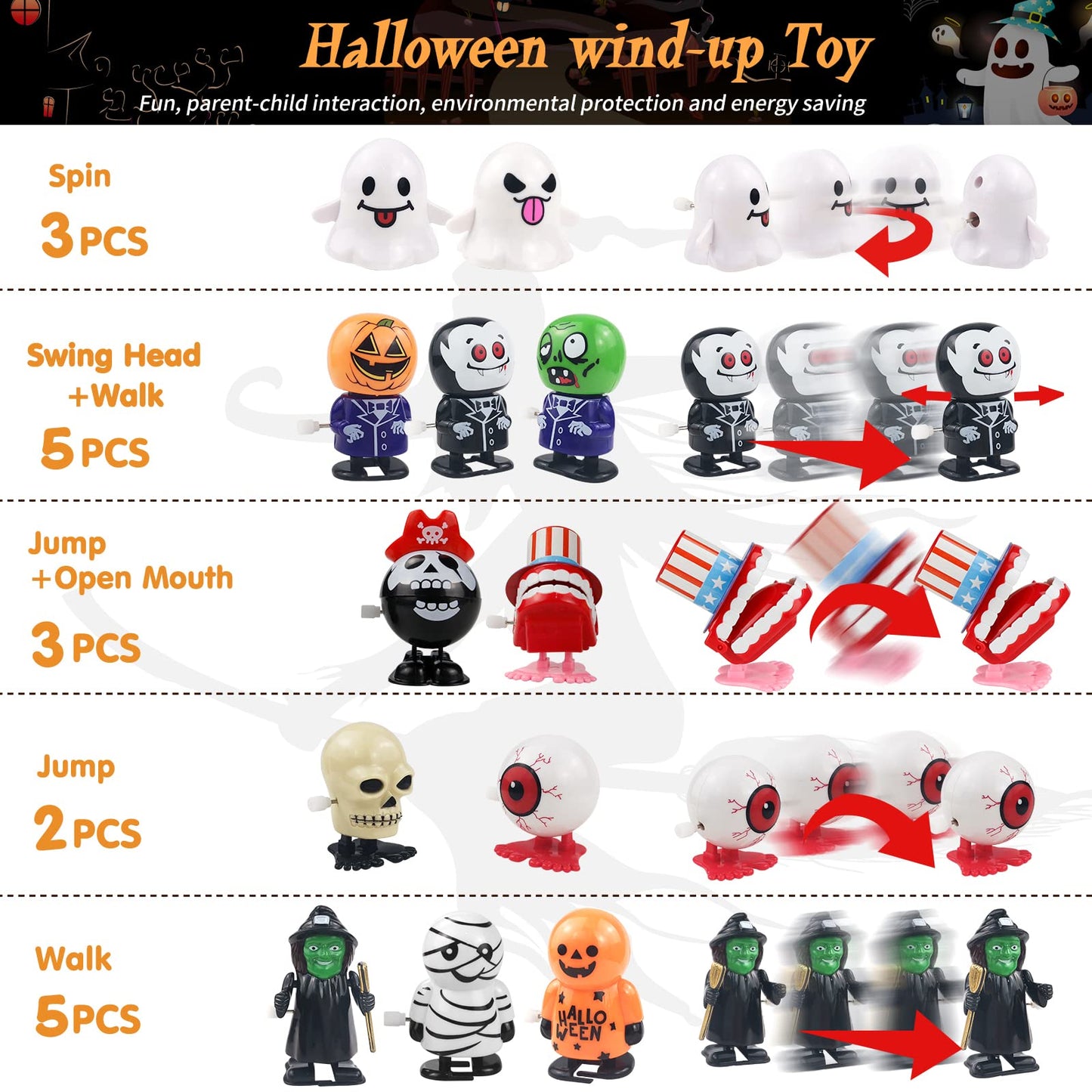 18 Pcs Halloween Wind Up Toys For Kids, Assorted Novelty Jumping And Walking Clockwork Toys For Halloween Party Favors Supplies, Assortment Toys For Trick Or Treat Halloween Goody Bag Filler