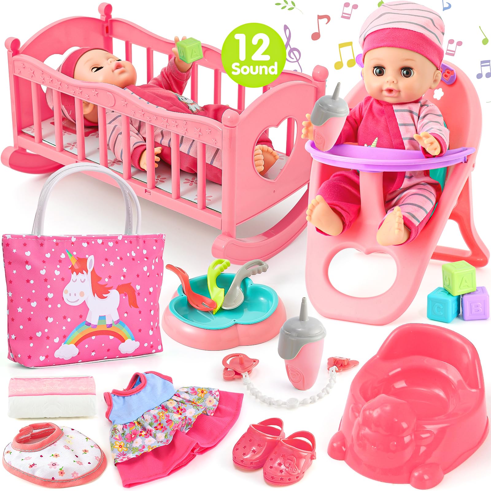 Golray 12In Girl Baby Doll Crib And High Chair Set - Sound&Pee Interactive Baby Doll With 20Pcs Accessories Diaper Bag/Cradle/2 Clothes, Feeding Nursery Pretend Play Toddler Girl Toy Gift 3 4 5 6 Year