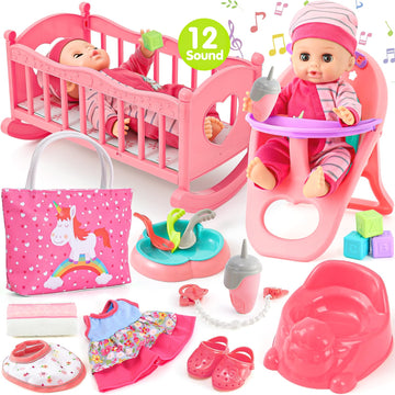 Golray 12In Girl Baby Doll Crib And High Chair Set - Sound&Pee Interactive Baby Doll With 20Pcs Accessories Diaper Bag/Cradle/2 Clothes, Feeding Nursery Pretend Play Toddler Girl Toy Gift 3 4 5 6 Year