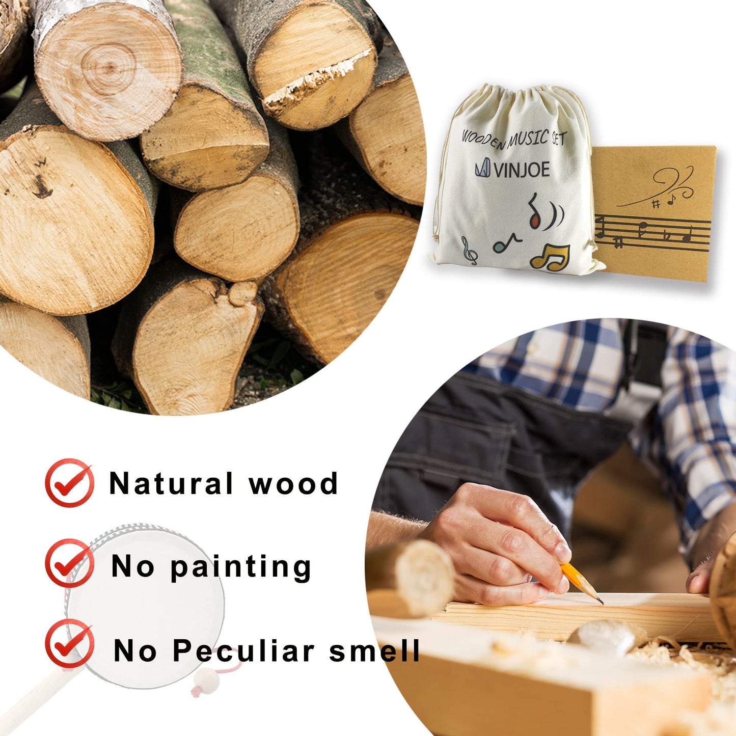 VINJOE Wooden Music Set-Kids Musical Instruments Toys, Natural Wood Percussion Instruments Toy for Kids Preschool Education Baby