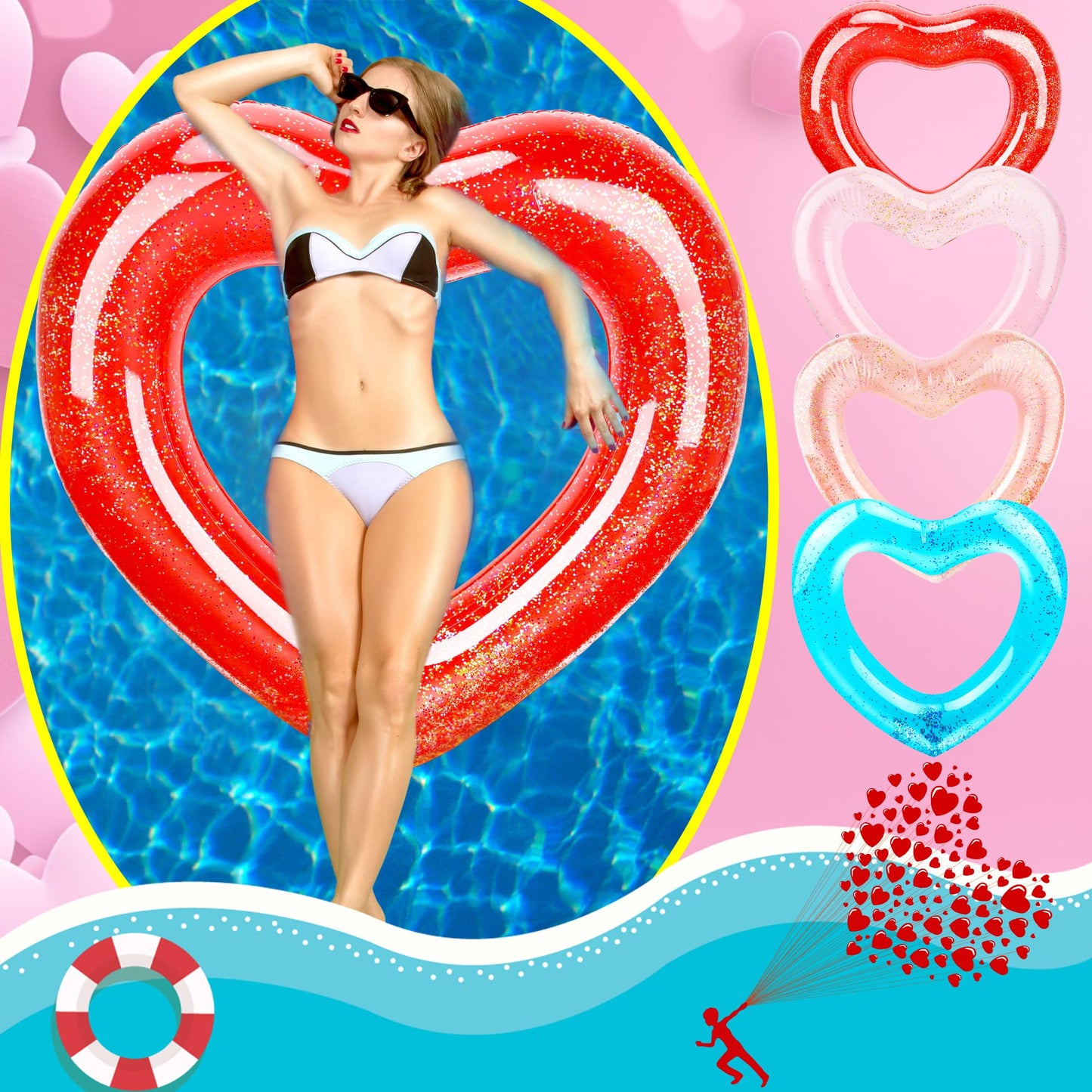 Sonarun 4 Pack Inflatable Swim Rings Float Heart Shaped Swimming Circle Pool Floats for Adults Pool Beach Party Supplies, 47.2 x