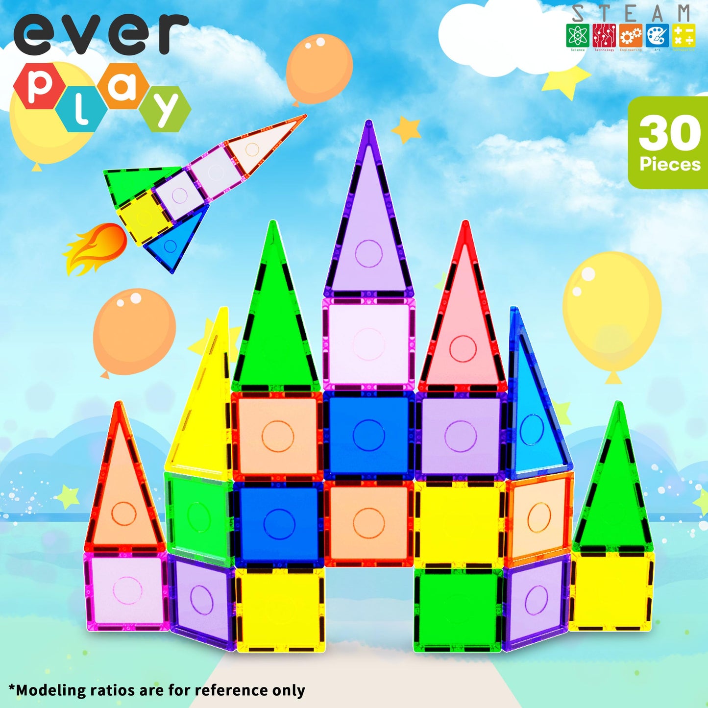 Everplay 30Pc Magnetic Tile Building Block Set Construction Magnet Tiles Toy Blocks Stem Educational Learning Kit Toddler Preschool Games Rocket Playset Toys Unlimited Creation Boys Girls Age 3 And Up