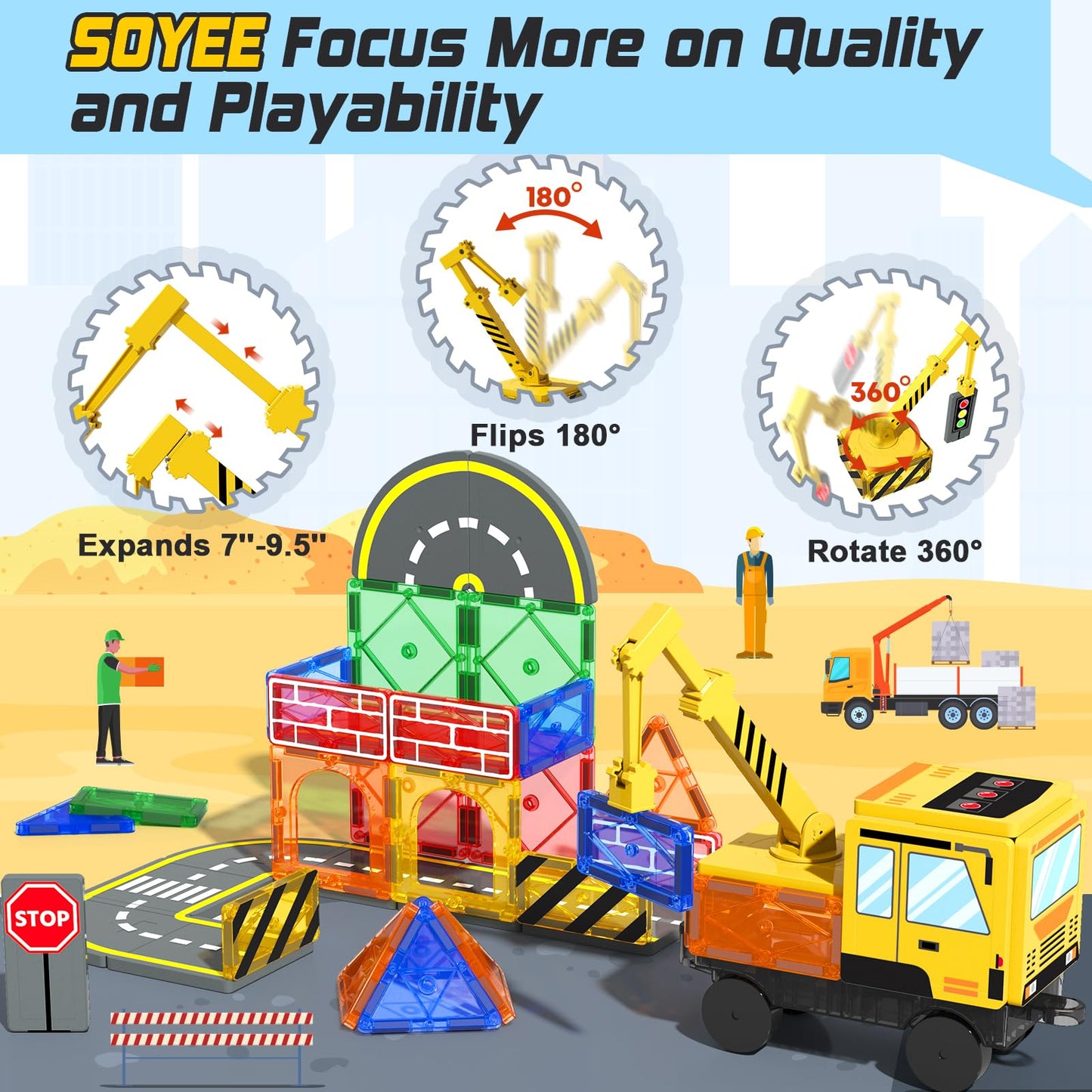 Magnetic Tiles Construction Toys With Crane Road Pieces Truck Magnetic Blocks Stem Building Sensory Toys For Kids 3 4 5 6 7 8 Year Old Boys Birthday Xmas Gifts
