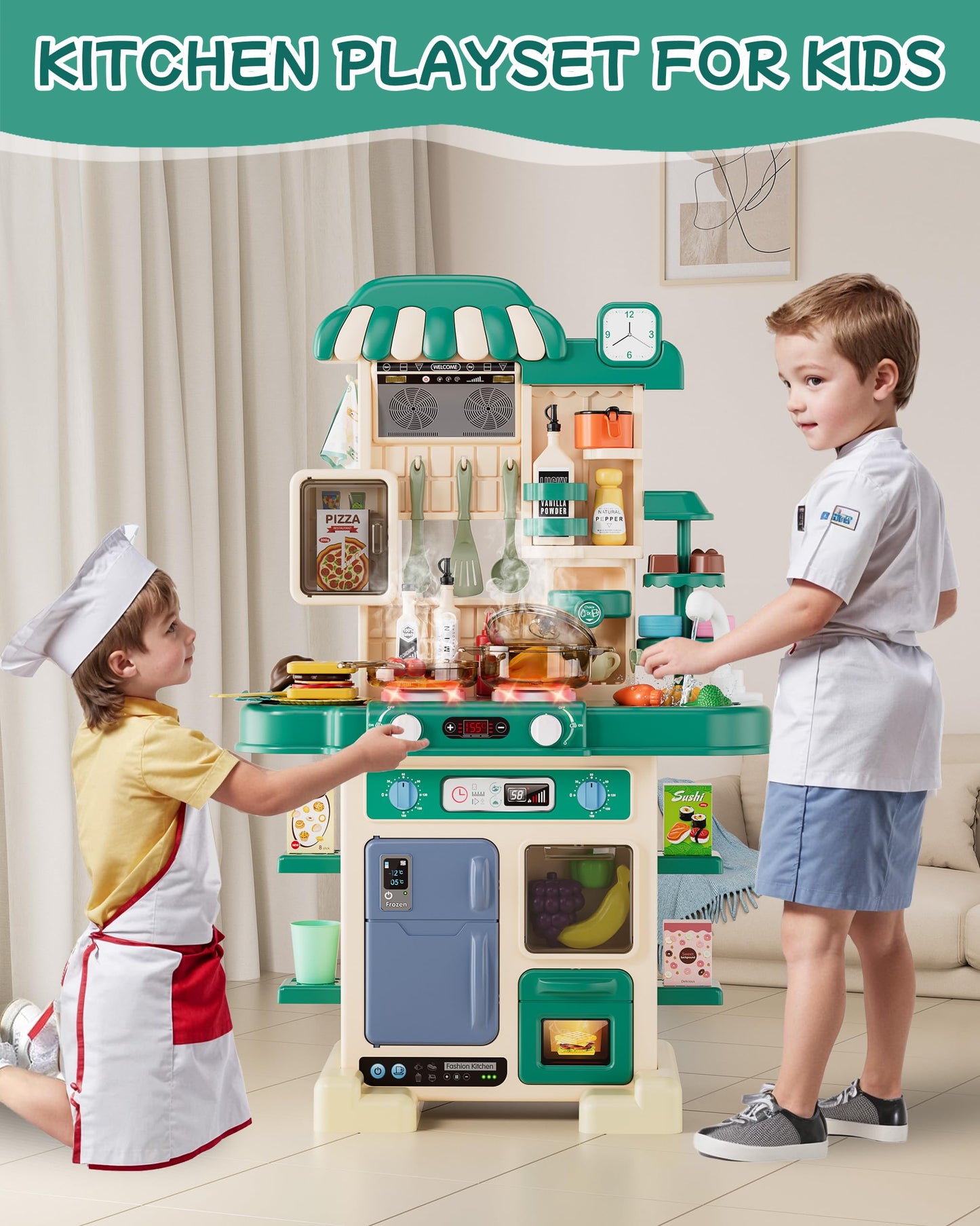 49Pcs Kitchen Playset for Boys & Girls, Kid Play Kitchen with Realistic Lights & Sounds, Spray Sink Toy Kitchen Accessories, Pre