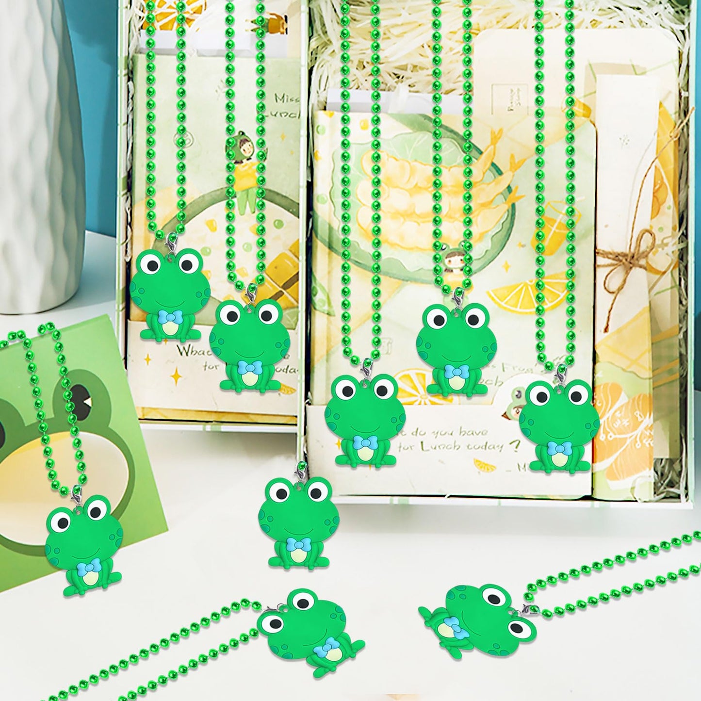 CiciBear 24 Pack Frog Necklace Party Favors with Mardi Gras Beads for Green Frog Girls Baby Shower First Birthday Reptile Campin