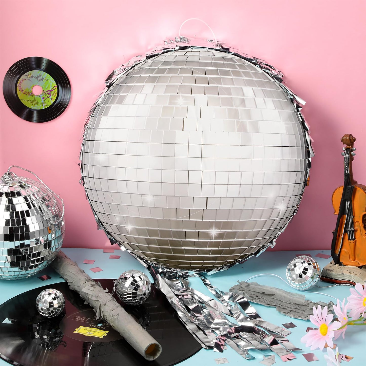 Aoriher Disco Ball Piata 12.6 x 12.6 x 3 Inch Disco Party Piata Mirror Disco Ball Piata Silver Foil Piata with Stick Mask Confet