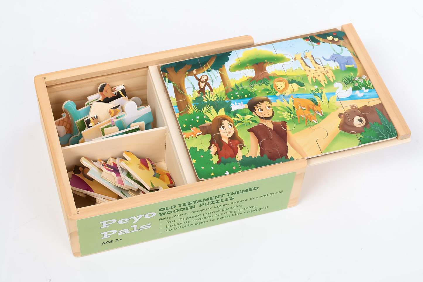PEYO PALS Bible Puzzles Toddlers 2-4 | 4-in-1 Wooden Jigsaw Puzzles in Box (15 pcs Each) | Christian Gifts for Kids | Preschool
