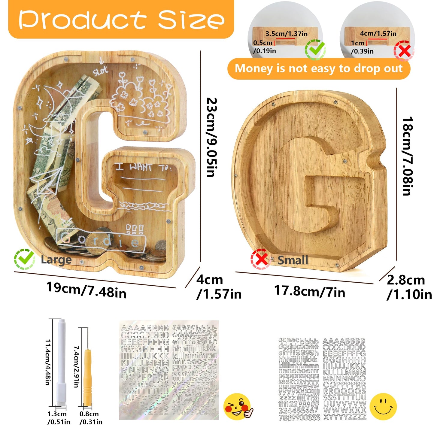 weallbuy Large Letter Piggy Bank for Kids Boys Girls Wooden Personalized Piggy Banks A-Z with Target Area Clear Alphabet Banknote Coin Banks for Gift Decoration Baptism (G)