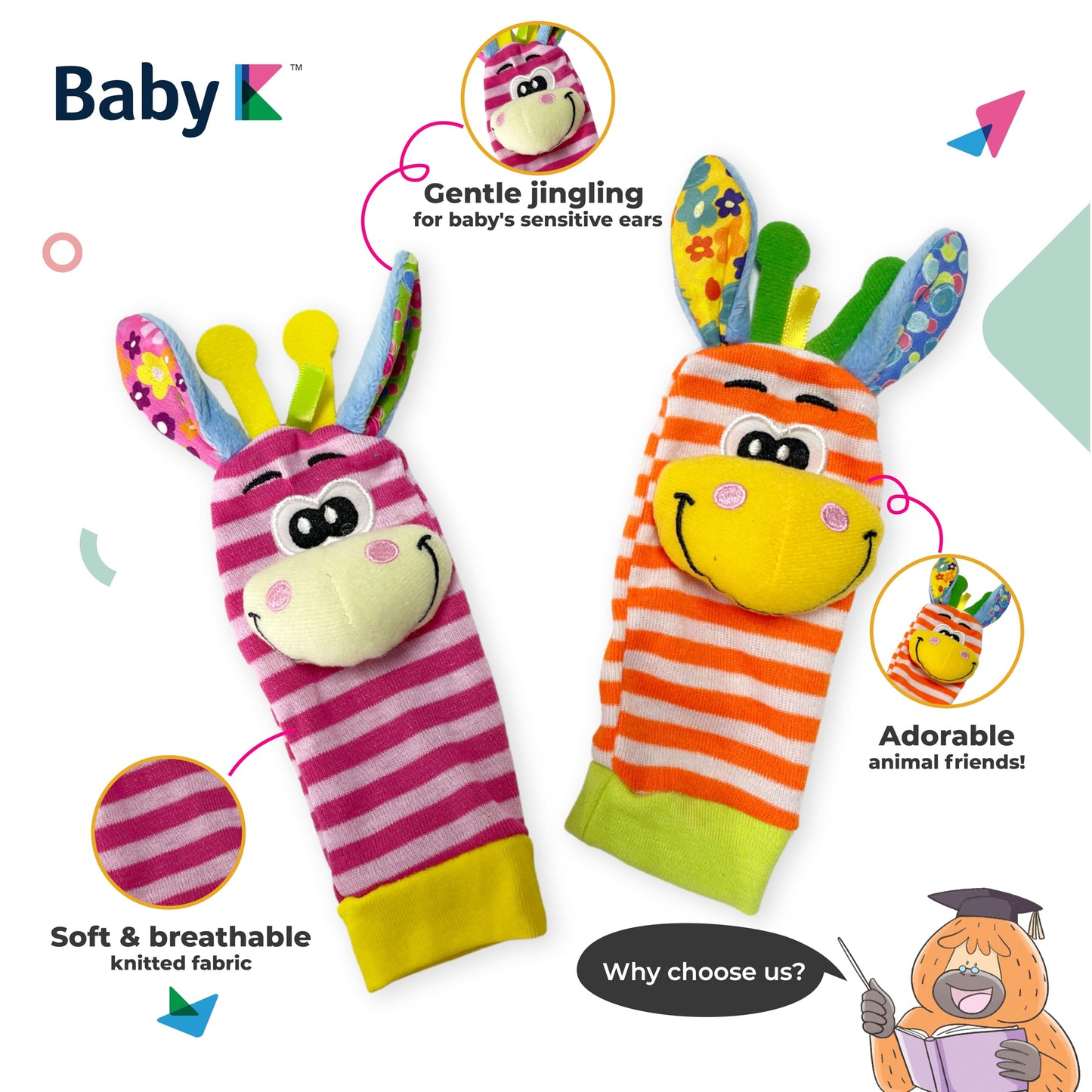 Baby K Foot Finder Socks & Wrist Rattles (Set I) - Newborn Toys For Baby Boy Or Girl - Brain Development Infant Toys - Hand And Foot Rattles Suitable For 0-3, 3-6, 6-12 Months Babies