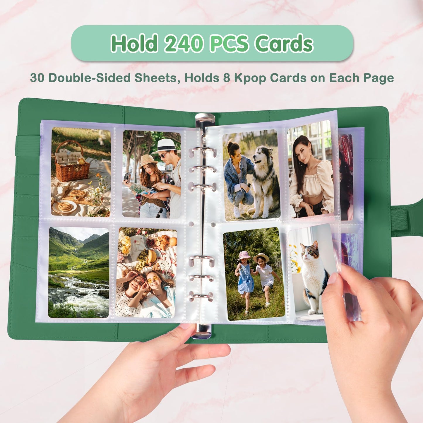 A5 Photocard Holder and Binder  PU Leather 6-Ring Album with Magnetic Closure  Includes 30 Pack 4-Pocket Pages for 240 Cards  Card Holder for Kpop  Trading  and ID Cards (Forest Green)