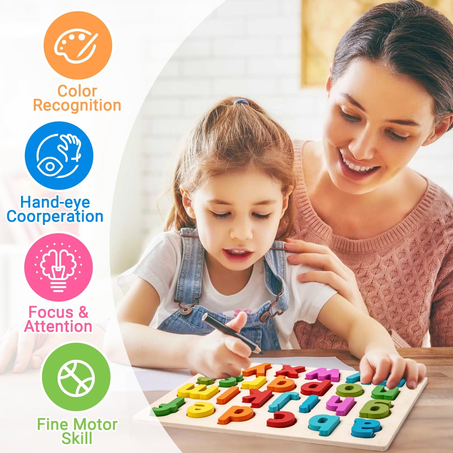 Alphabet Puzzle Wooden Puzzles for Toddlers 3 4 5 Year Old, ABC Puzzle Shape Alphabet Learning Puzzles Toys with Puzzle Board &