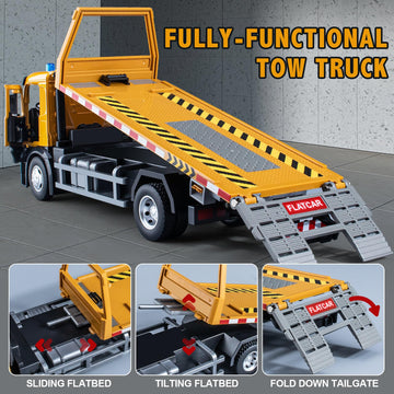 HAPYAD Tow Truck Toy Metal Cab, Flatbed Tow Truck Toys for Boys with Backhoe Loader, Friction Powered Transport Trailers with Li