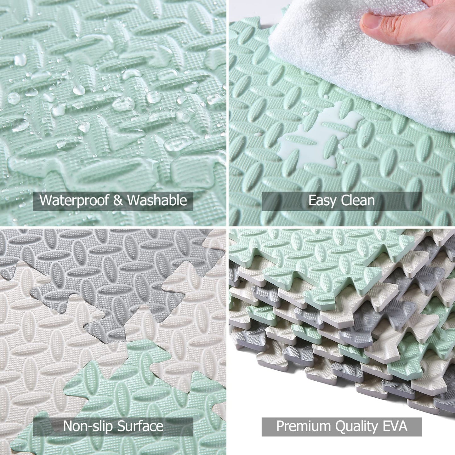Tamiplay Foam Floor Mats For Kids, 12 X 12 Inch 16 Tiles 0.4' Thickness Foam Play Mat, Non-Toxic Square Interlocking Floor Mats Rubber Baby Play Mat For Toddlers(White/Gray/Bean Green)