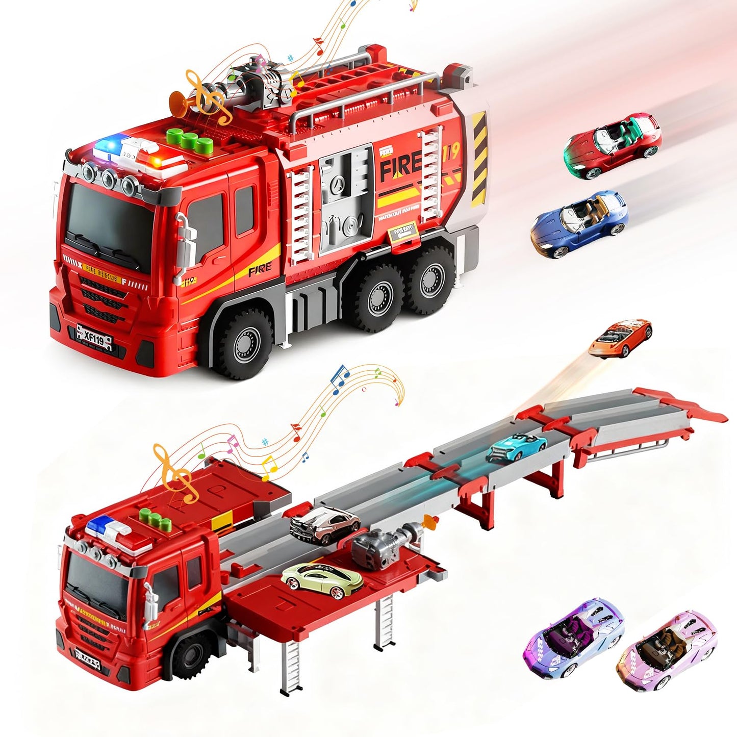 Zlreswer Fire Trucks Toy Set for 3-7 Years Old Boys, Fire Car Truck with 3 Soft Darts & 8 Alloy Mini Cars, Kids Toddlers Foldabl