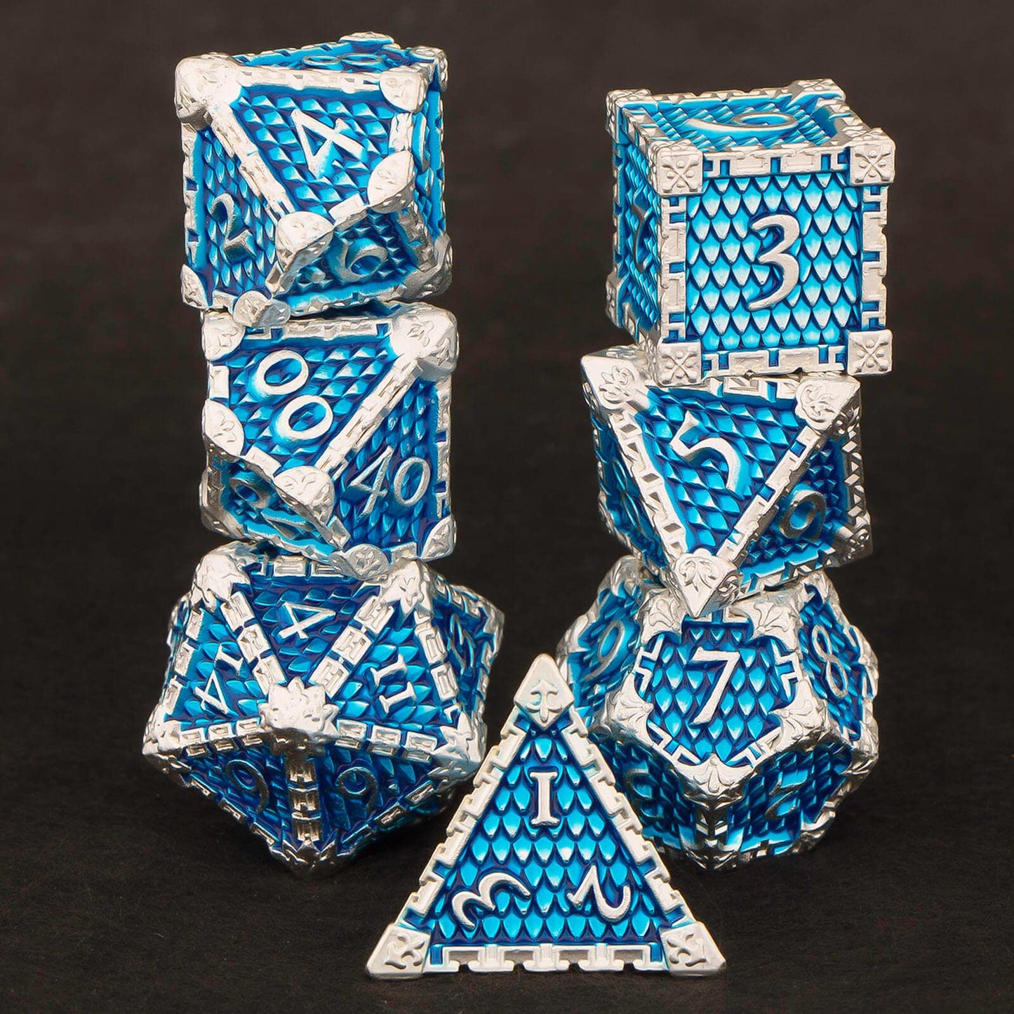 KERWELLSI Metal DND Dice Set with Box, 7 Pcs Blue Green Dungeons and Dragons Dice, Dragon Scale Polyhedral D&D Dice Set, D and D