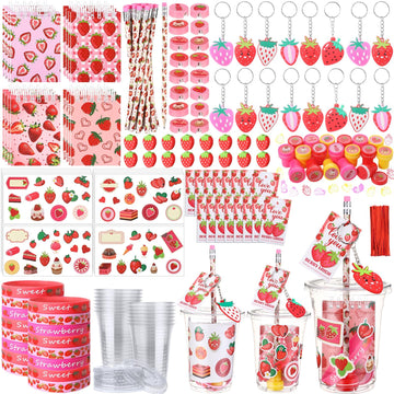 Colarr 161 Pcs Strawberry Party Favors School Stationery Set Includes Gift Cup Notebook Pencil Sharpener Eraser Keychain Stamp S
