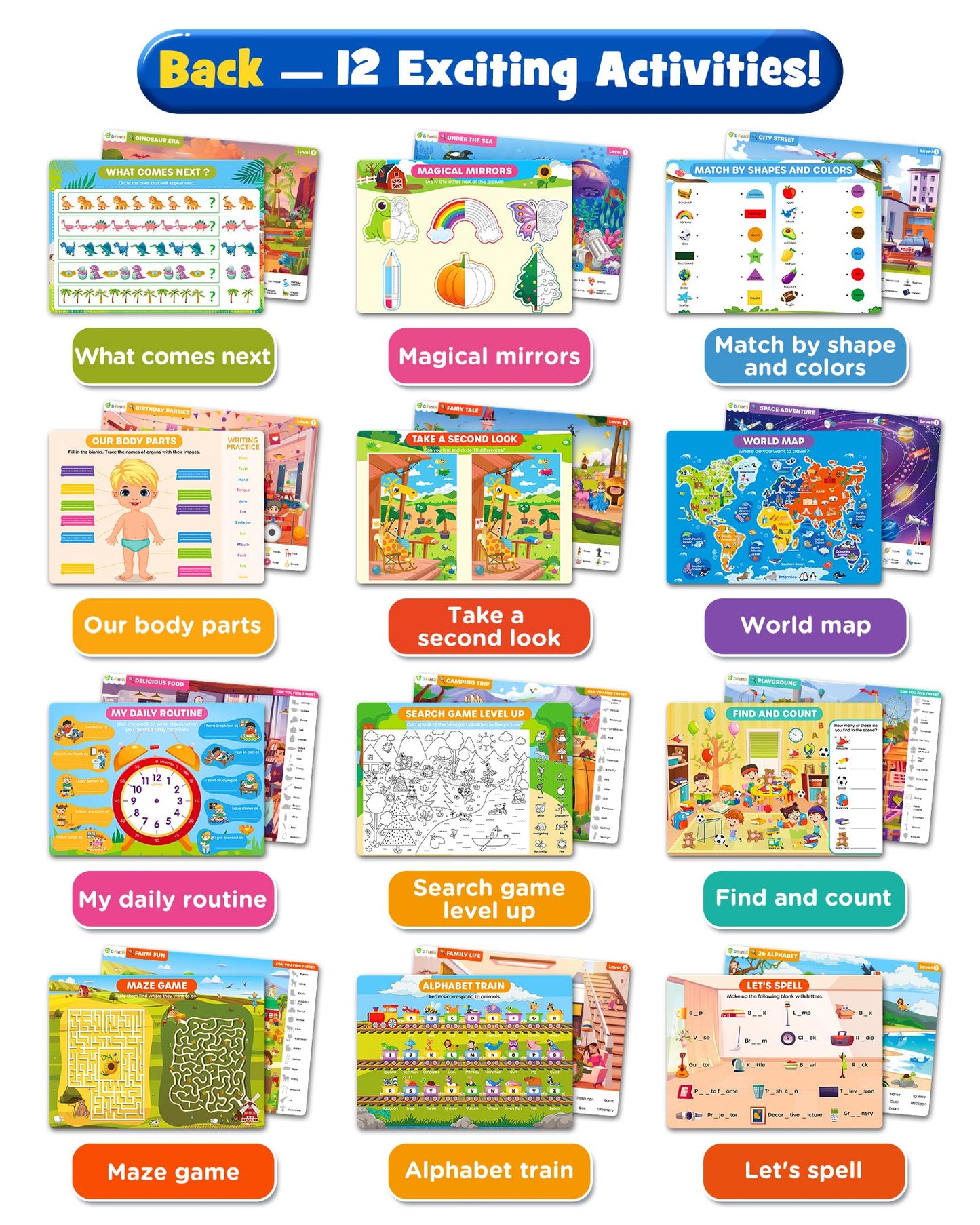 Preschool Learning Activity - Search And Find Book, Reusable Learning & Education Toys, Travel Game For Road Trip Car Airplane, 24 Activity With 4 Dry Erase Markers, Birthday Gifts For Kid Ages 3-6