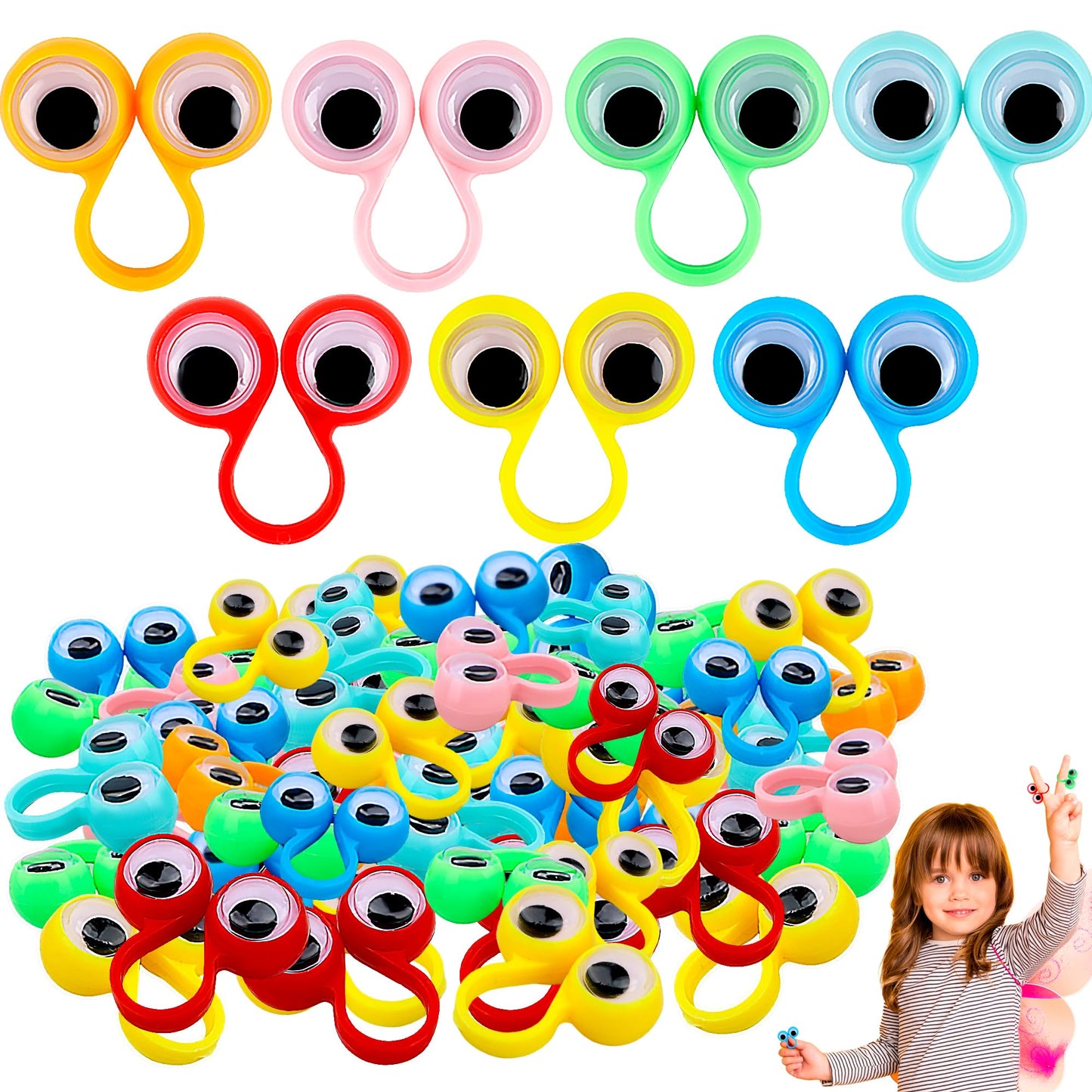Kugliwa 140 Pcs Eye Finger Puppets Toys Bulk Colorful Wiggly Eyeball Finger Puppet Googly Eye Rings Eye On Rings for Birthday Pa