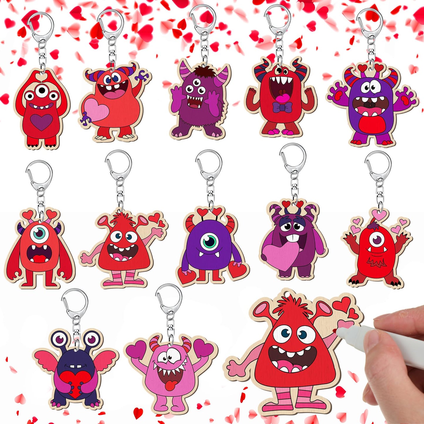 Memorywuu 24 Sets Valentines Day Craft Kits Color Your Own Valentine Monster Keychain DIY Heart Wood Keychains Paintable Unfini