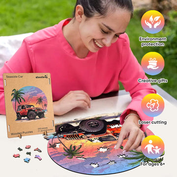 Wooden Jigsaw Puzzles-Seaside Car,200Pcs,12.4X11.4In,Medium,Wooden Puzzles For Adults,Unique Shape Animal Adult Puzzles,Irregula