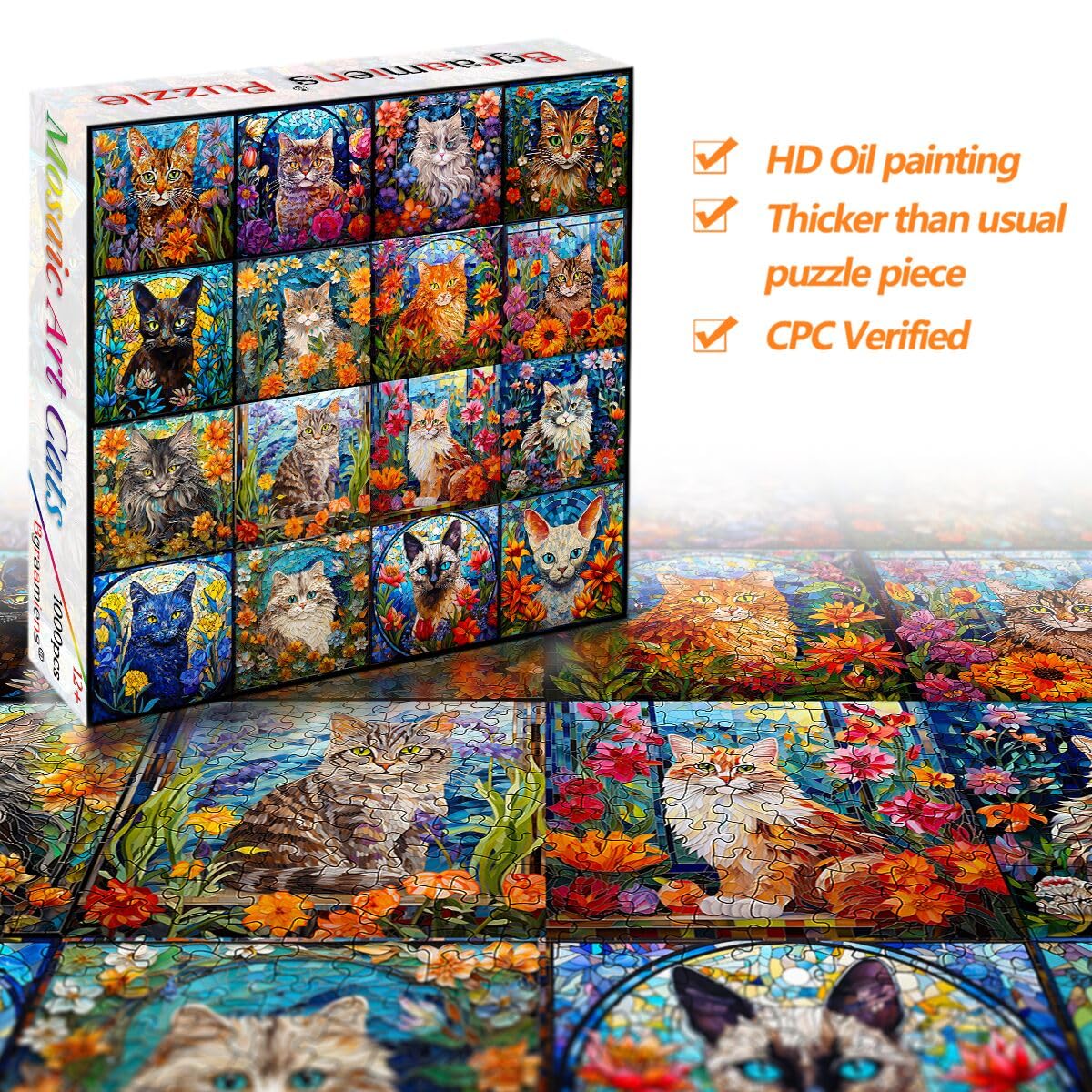 Bgraamiens Puzzle-Mosaic Art Cats-1000 Pieces Mosaic Art Puzzle For Adults, Stained Glass Art Puzzle With Cats And Flowers, Impossible Puzzle Color Challenge Cats Puzzle For Adults