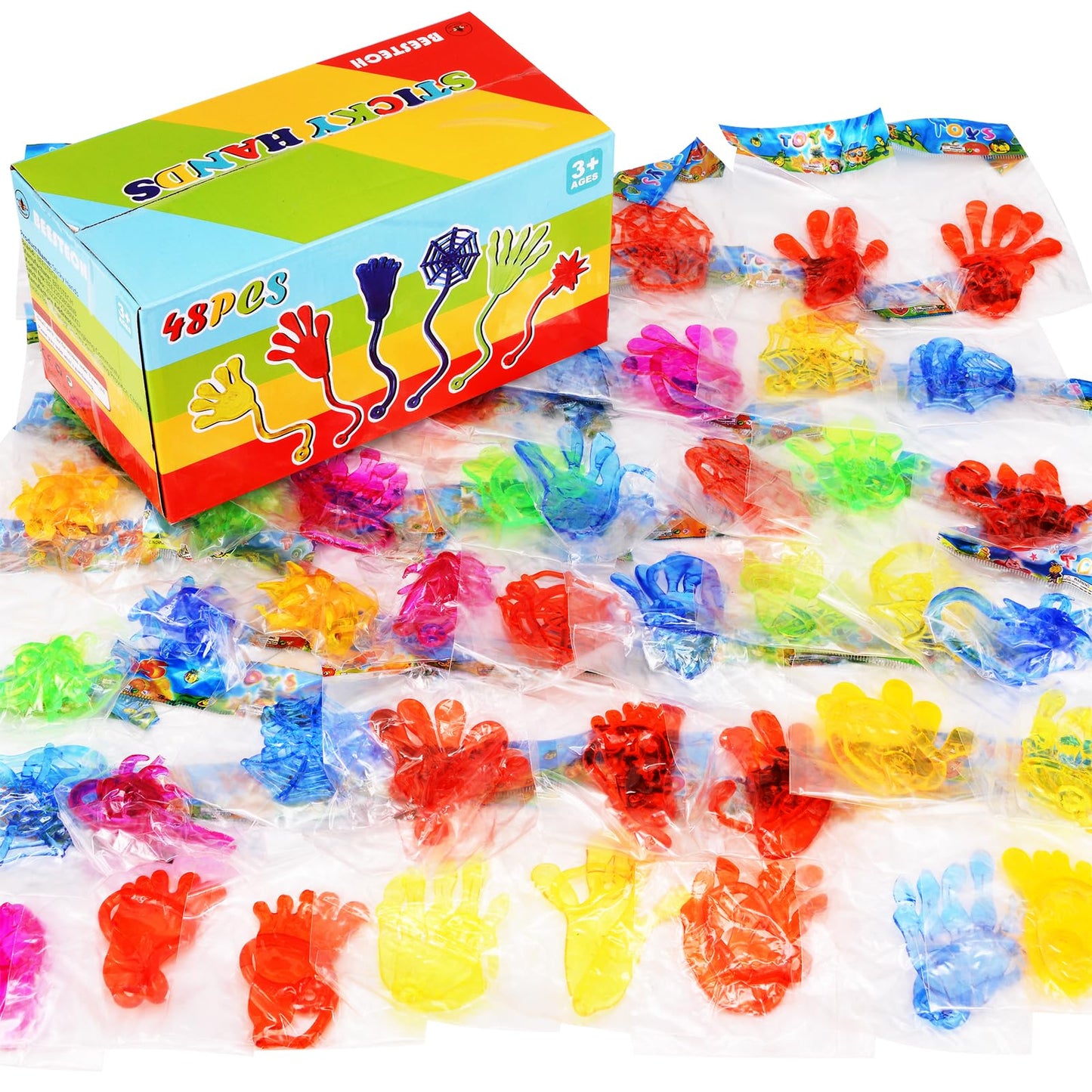 48 Pack Sticky Hands Party Favors, 6 Types Goodie Bag Stuffers, Teacher Treasure Box Prizes, Classroom Rewards, Piata Fillers, B