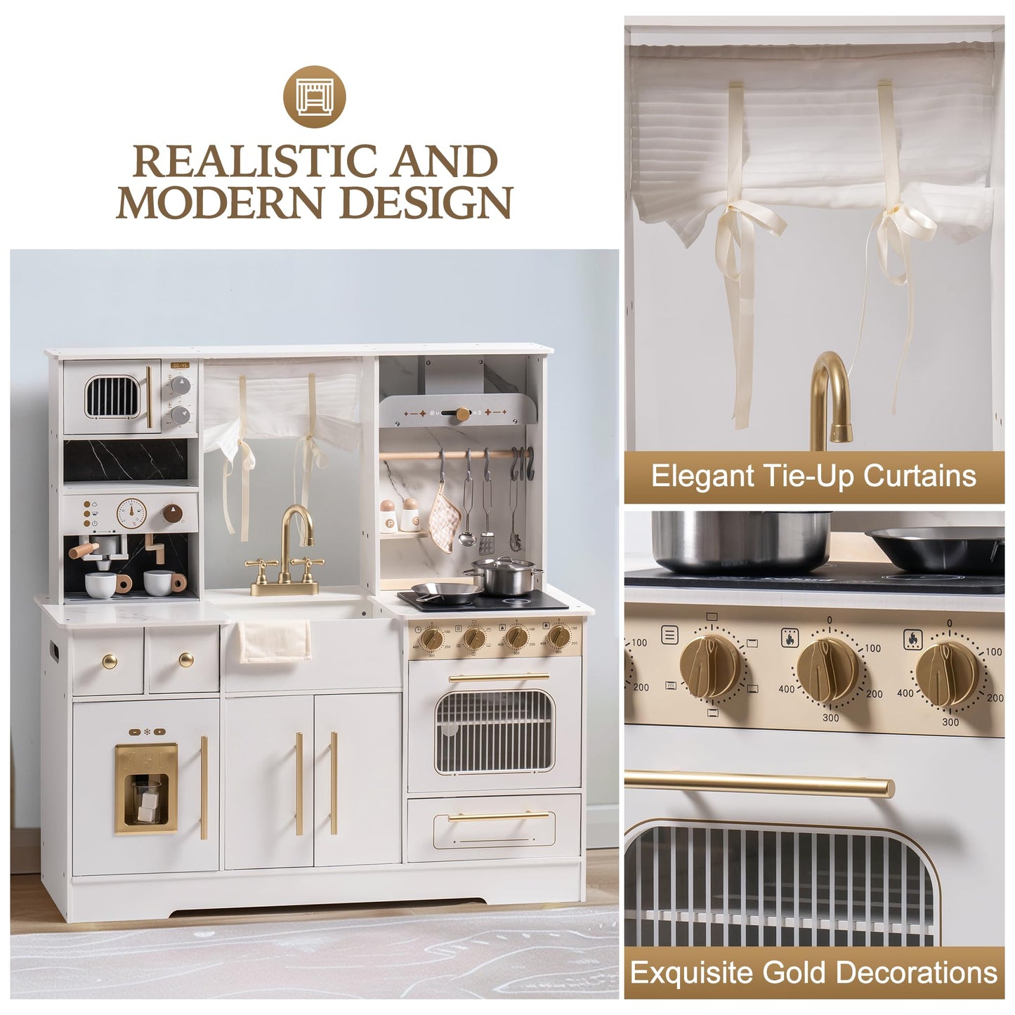 ROBOTIME Wooden Play Kitchen for Toddlers and Kids, Toy Kitchen Set with Ice Maker and Coffee Machine, Realistic Toddler Kitchen