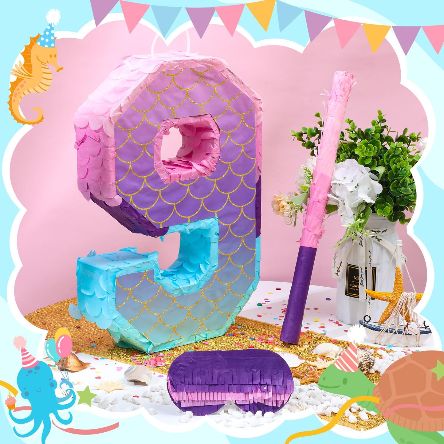 Shappy 16 Inch Purple Mermaid Piñata - Paper Birthday Party Decoration with Stick & Blindfold for Anniversary Celebration