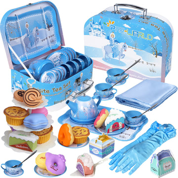 PRE-WORLD Tea Party Set for Little Girls, 46Pcs Princess Tea Time Toy Including Dessert,Cookies,Doughnut,Teapot Tray Cake,Tablec