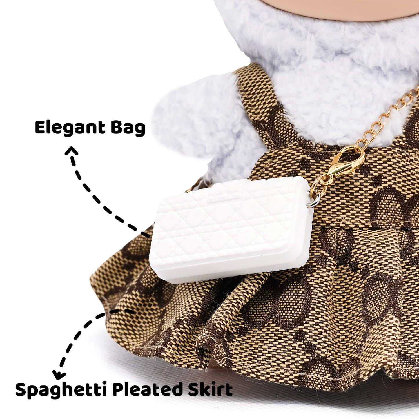 LYBHYQTII Doll Clothes Compatible with Labubu 17cm  enhanced Dolls Accessories 3 Piece Set Including Chic Grid Spaghetti-Strap Dress & Bag and Bow  High-End Fashion Outfit for Play & Display - Brown