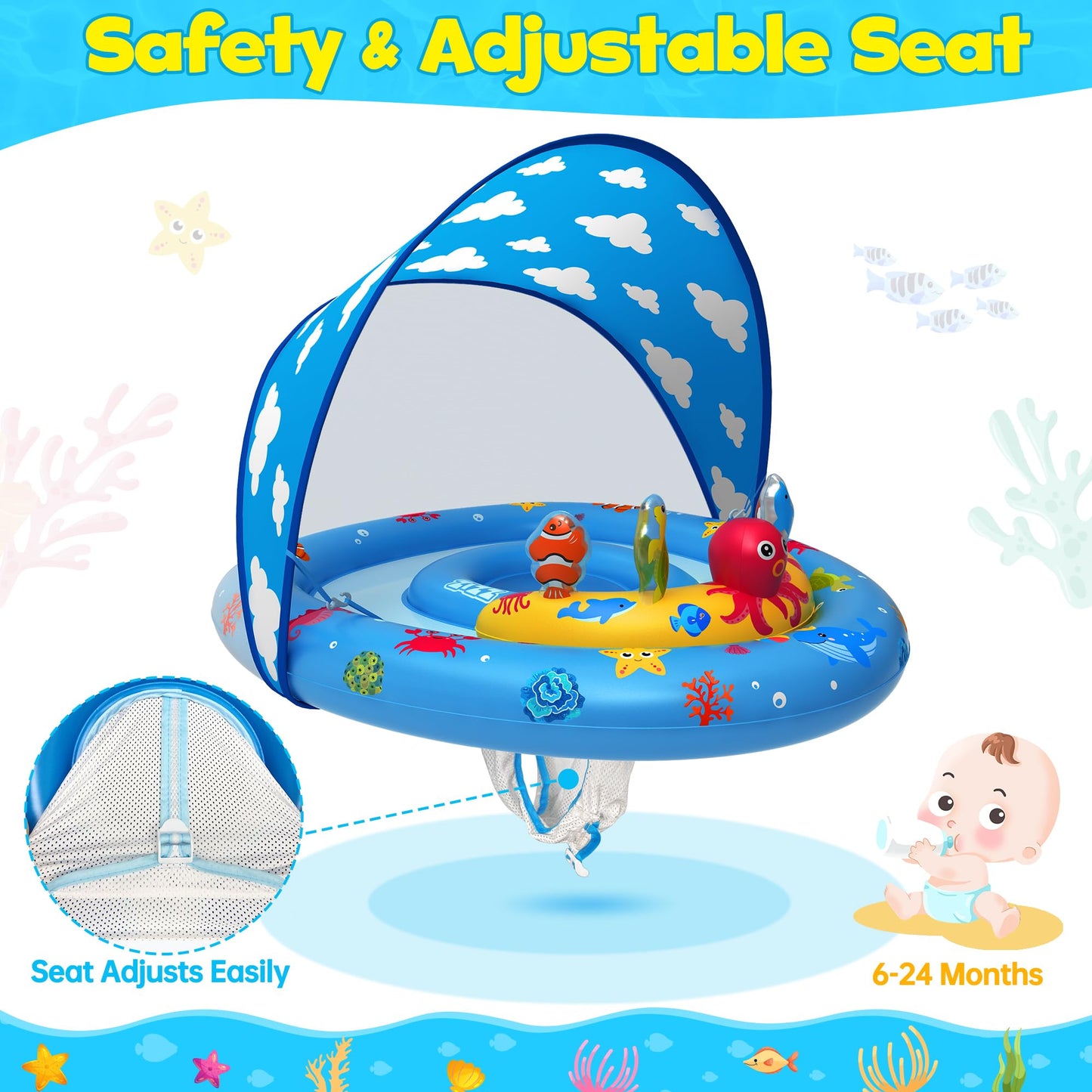 ZIZZ Baby Pool Float with Canopy - Inflatable Baby Swimming Float with UPF50+Sun Protection  Infant Pool Float with Toy Play Console Adjustable Seat for Boys Girls Toddler 6-36 Months