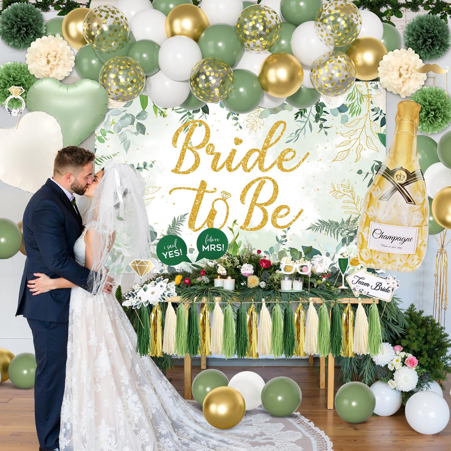 Bridal Shower Decorations, Sage Green Bachelorette Party Decorations Bride to Be Banner Backdrop Sash Veil Confetti Foil Balloon