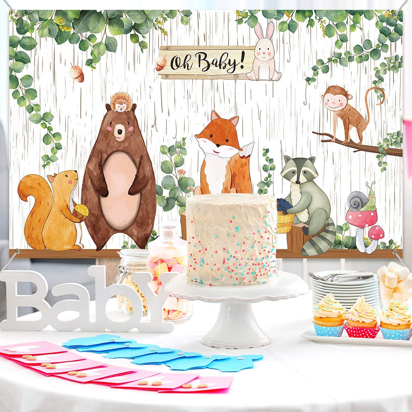 Woodland Baby Shower Backdrop Banner, Large Fabric Jungle Animal Birthday Party Decorations Woodland Creatures Forest Background