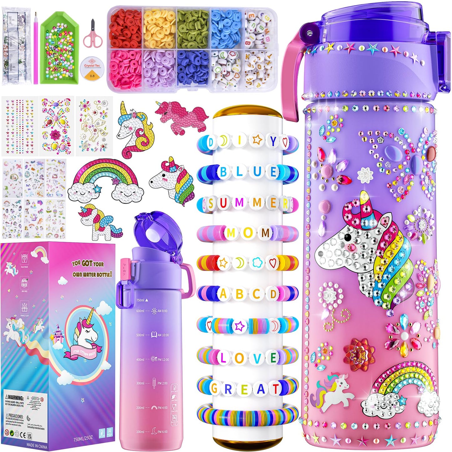 BOOH Decorate Your Own Water Bottle Kits for Girls, Unicorn Dream, BPA Free, Model WY-WB-A, Fun Arts Crafts for Ages 4-12