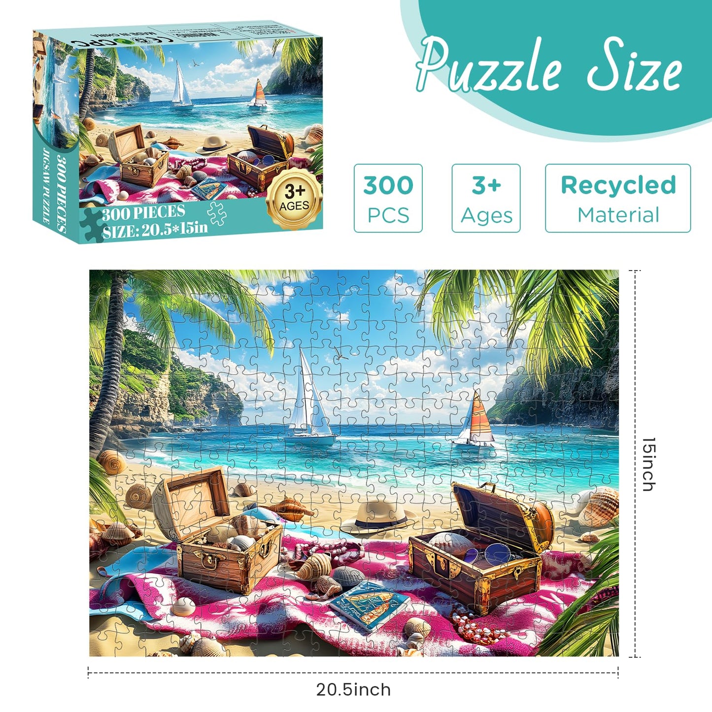 300 Pieces Puzzle for mature-themeds  Beach Treasure Puzzle 300 Pieces Jigsaw Puzzles for mature-themed Kids Elderly  Summer Sea Puzzles Game mature-themed Puzzles Family Challenging Game Home Decor Gift Toy 20.5x15 in