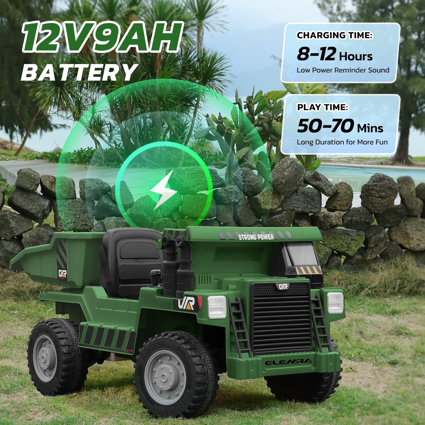 ELEMARA Ride on Construction Vehicles for Kids, Electric Truck with Dump Bed, Shovel, 12V 9AH Ride on Car with Remote, Phone Sta