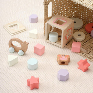 Pillowhale 4-In-1 Wooden Toddler Toys For 1 Year Old, Wooden Stacking Rings Tower, Shape Sorter Box, Bead Maze, Wood Baby Push Car, Wooden Stacking Toys For Boys Girls 12M+