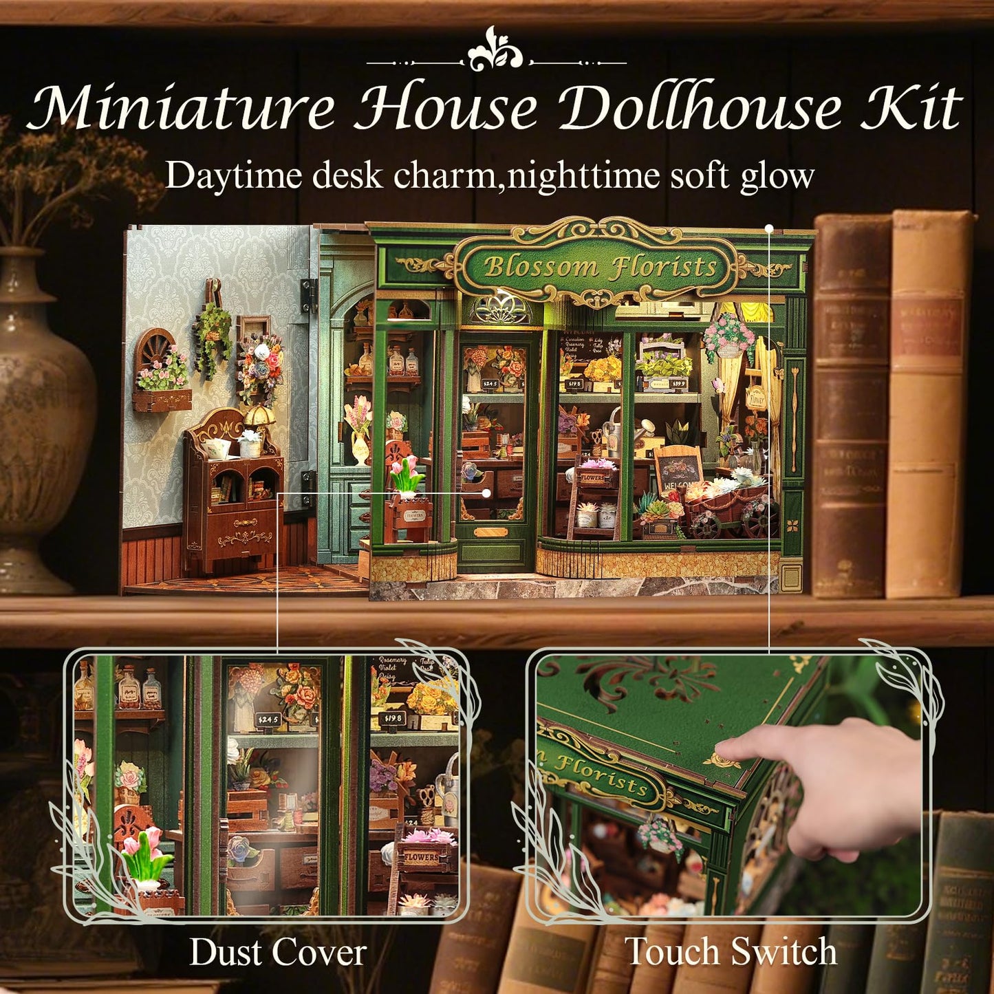CUTEBEE Book Nook Kit  DIY Miniature House Kits for mature-themed and Teens  Dollhouse Booknook Tiny House  Bookshelf 3D Wooden Puzzle  DIY Craft Gifts for Family and Friends (Blossom Florists)