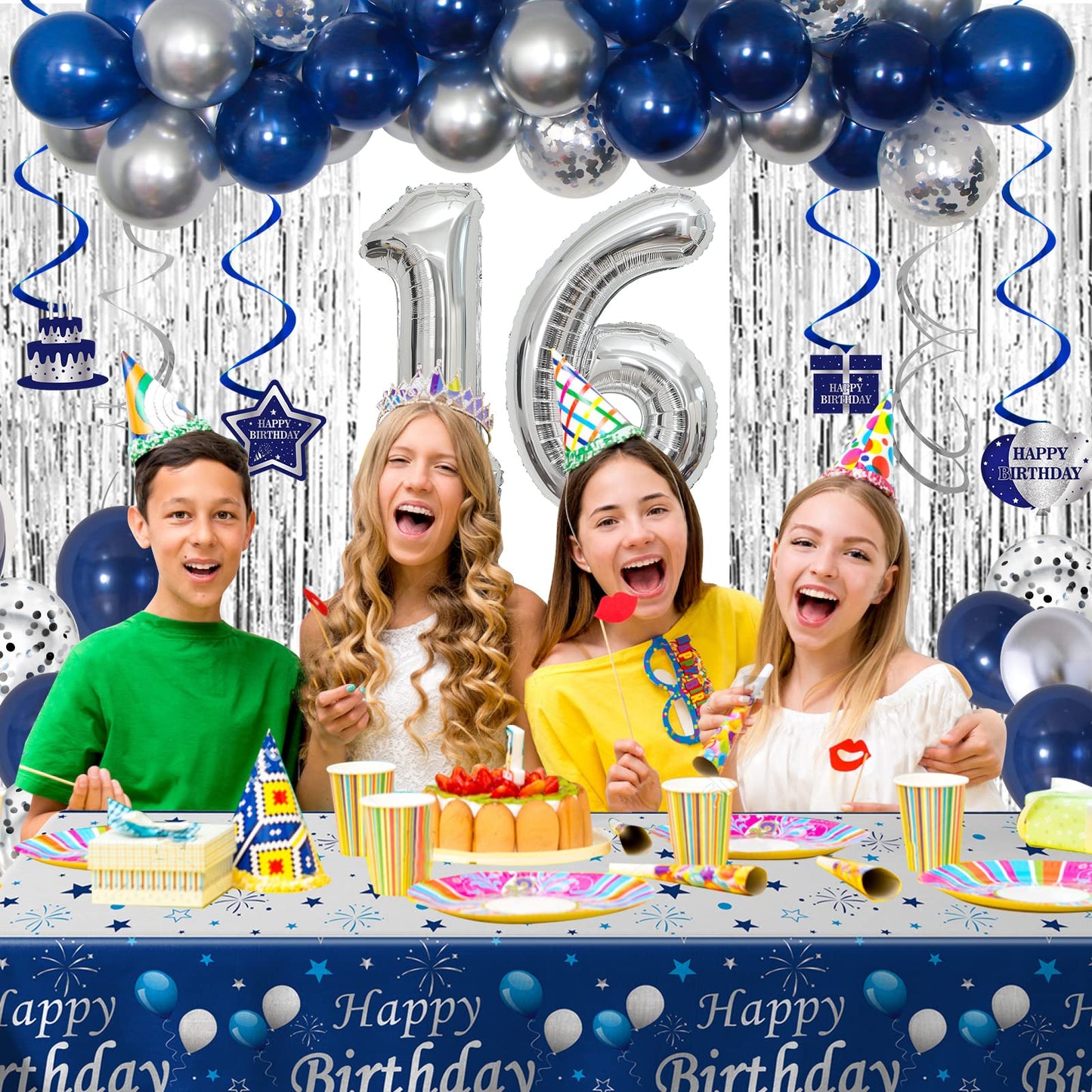16Th Birthday Decorations For Boys And Girls Blue Silver, Happy 16Th Birthday Decorations Banner Birthday Balloons Number 16 Tab