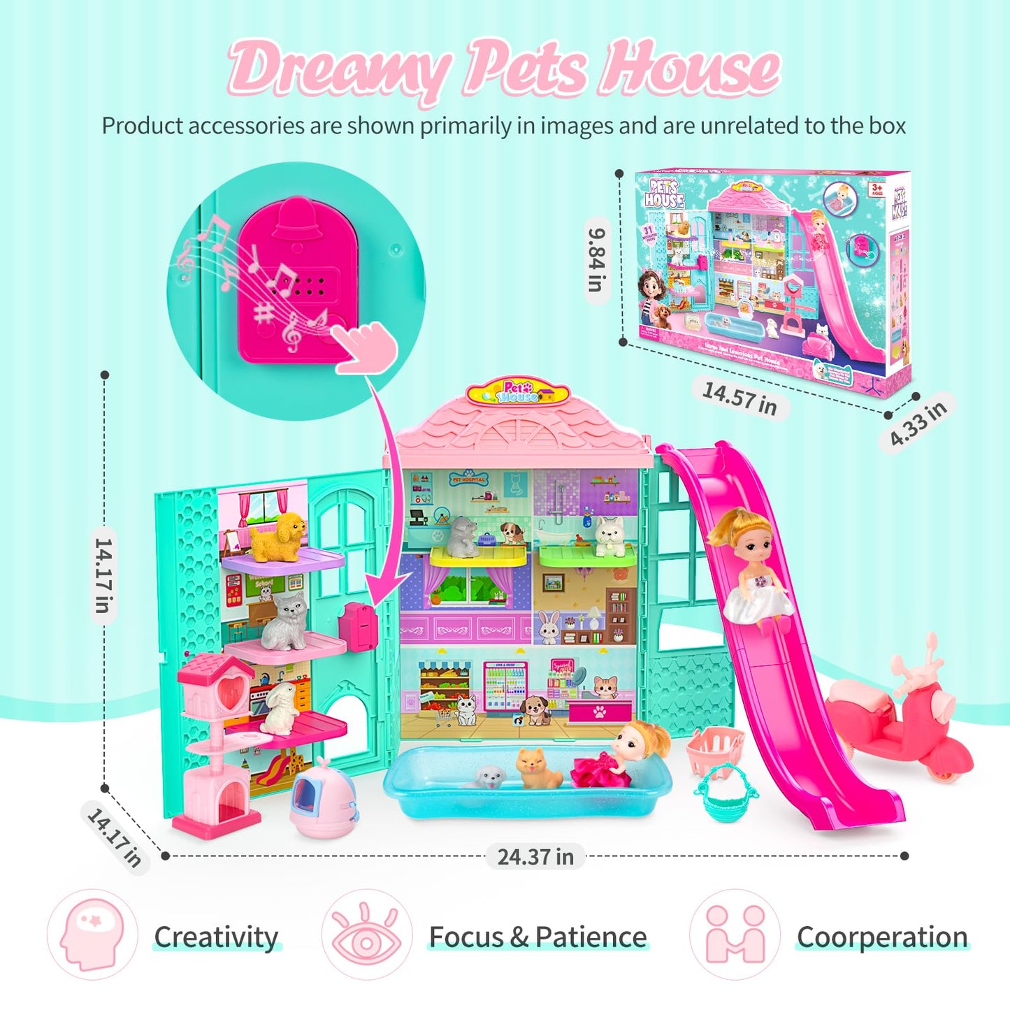 Foldable Pets Dollhouse Toy Play Set, Doll House of Pets with 31+ Accessories Includes Dolls, Motor, Pool, Little Pets, Slide an
