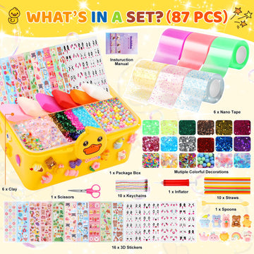Lokuc Duck Theme Nano Tape Bubble Kit for Kids, 19.7Ft Plastic Kit with Glitter, Clay, Beads, Stickers, Yellow, Model NMJTZ-3