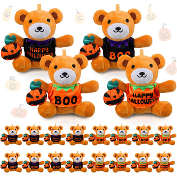 Roundfunny 20 Pcs Halloween Stuffed Animals Bears Bulk 4.5 Inch Mini Plush Bears With Halloween T-Shirt And Jack O Lantern Mini