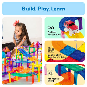 Picassotiles 128 Piece Magnetic Race Track Toy Car Tracks Set Toddlers Magnet Building Blocks Tiles Sensory Toys For Kids Includ
