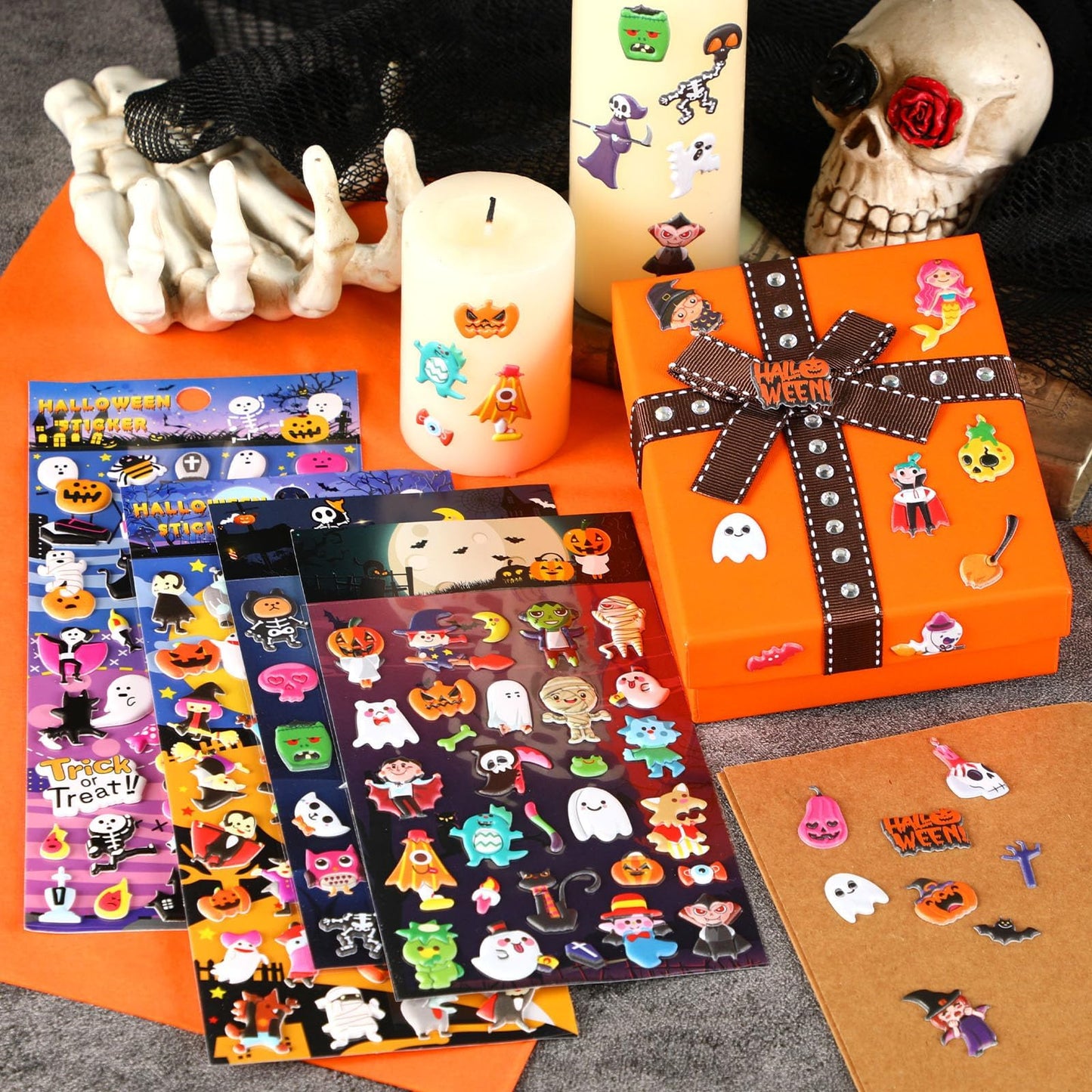 UPINS Halloweens Stickers for Kids, 10 Sheets 3D Happy Halloween Stickers Cute Puffy Stickers Ghost Pumpkin Skull Bat Spider Foa